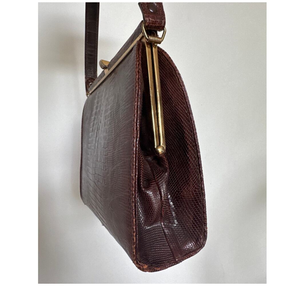 1950s Oxblood Lizard Embossed Top Handle Kiss Lock Purse - Picture 10 of 16